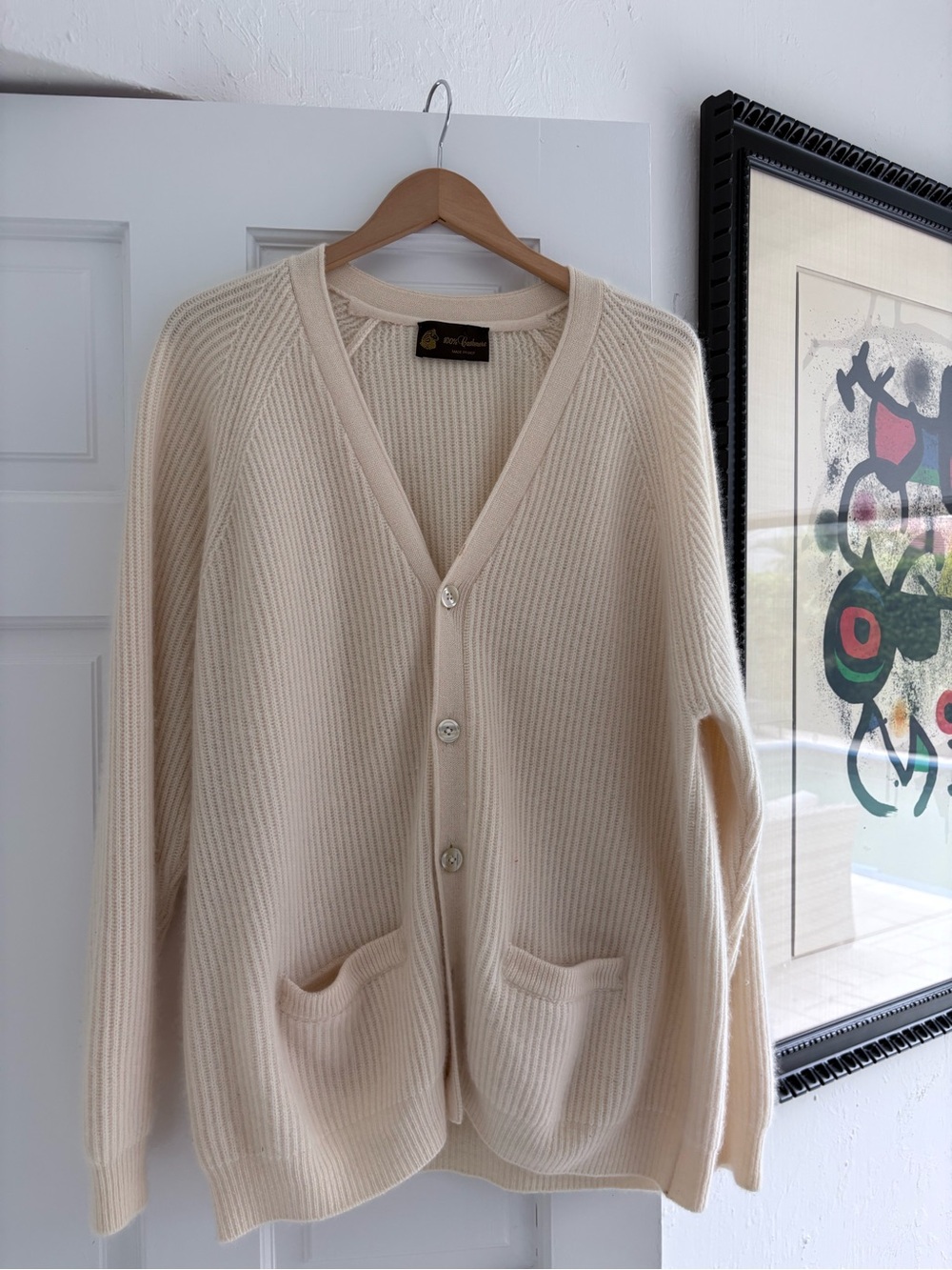Italian Men's Cream Ribbed V-Neck Cashmere Cardigan Sweater